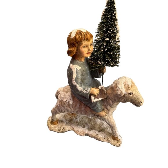 Bethany Lowe Primitive Folk Art Child on Sheep w/ Bottle Brush Tree Christmas 10 - Picture 1 of 8